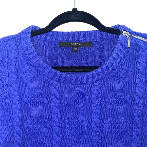 Guess Cobalt Blue Zip Shoulder Cable Knit Cropped Sweater XXsmall Women’s - Picture 2 of 10